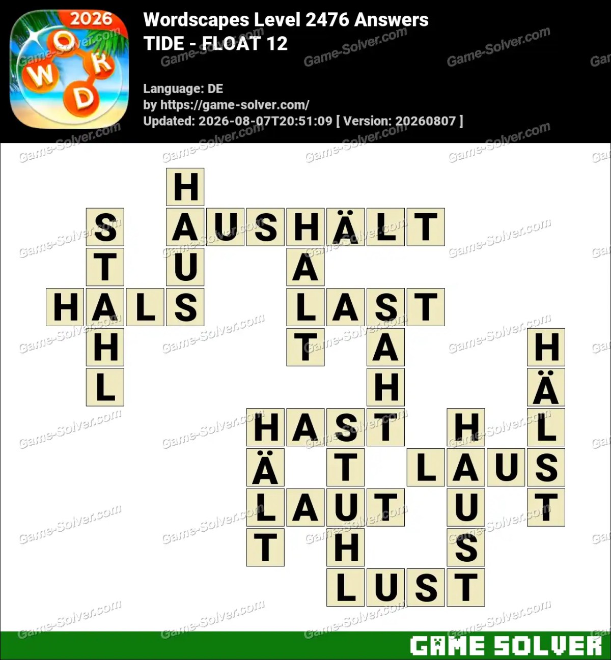 Wordscapes Deutsche Level 2476 Answers — TIDE - FLOAT 12