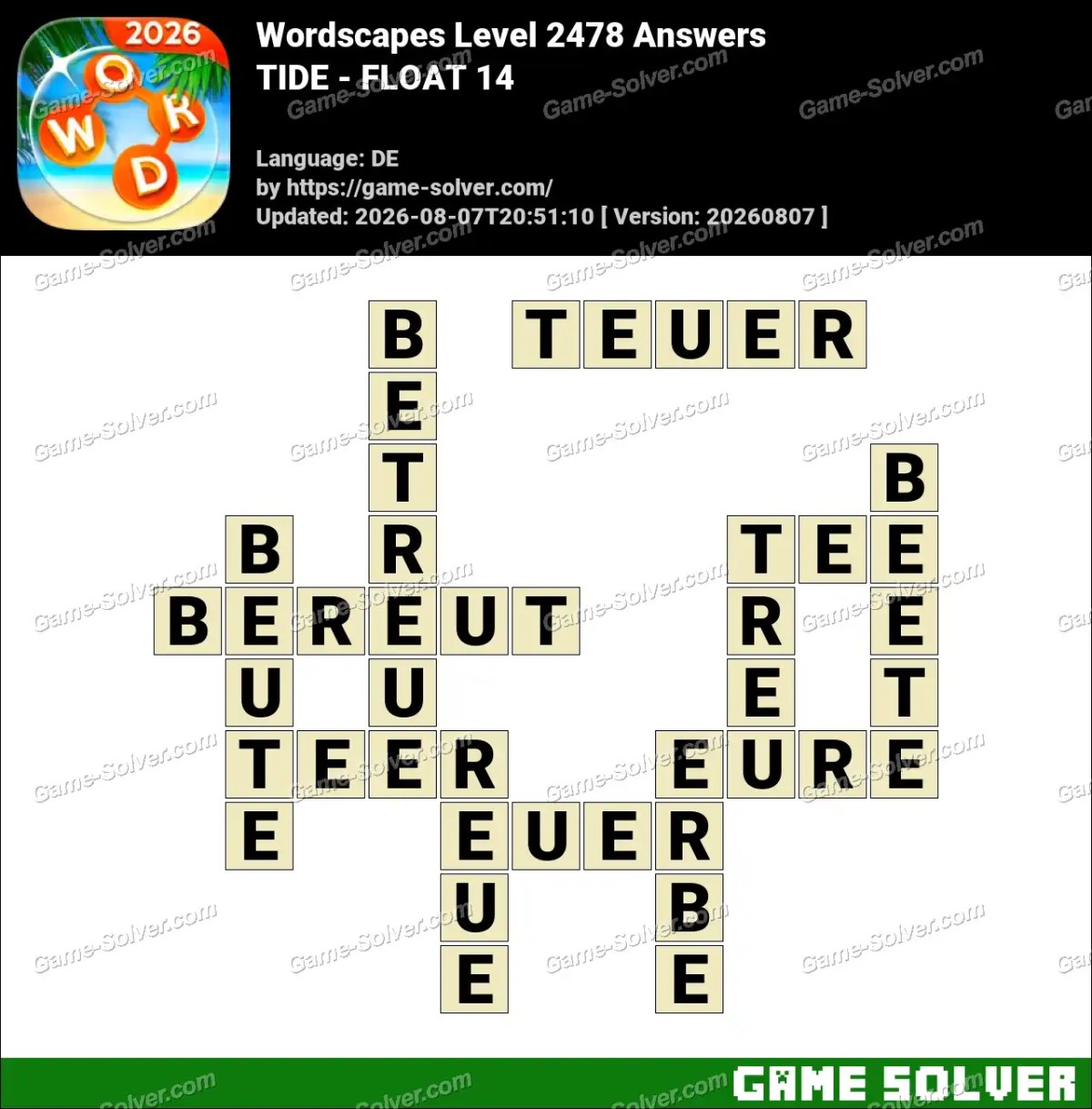 Wordscapes Deutsche Level 2478 Answers — TIDE - FLOAT 14