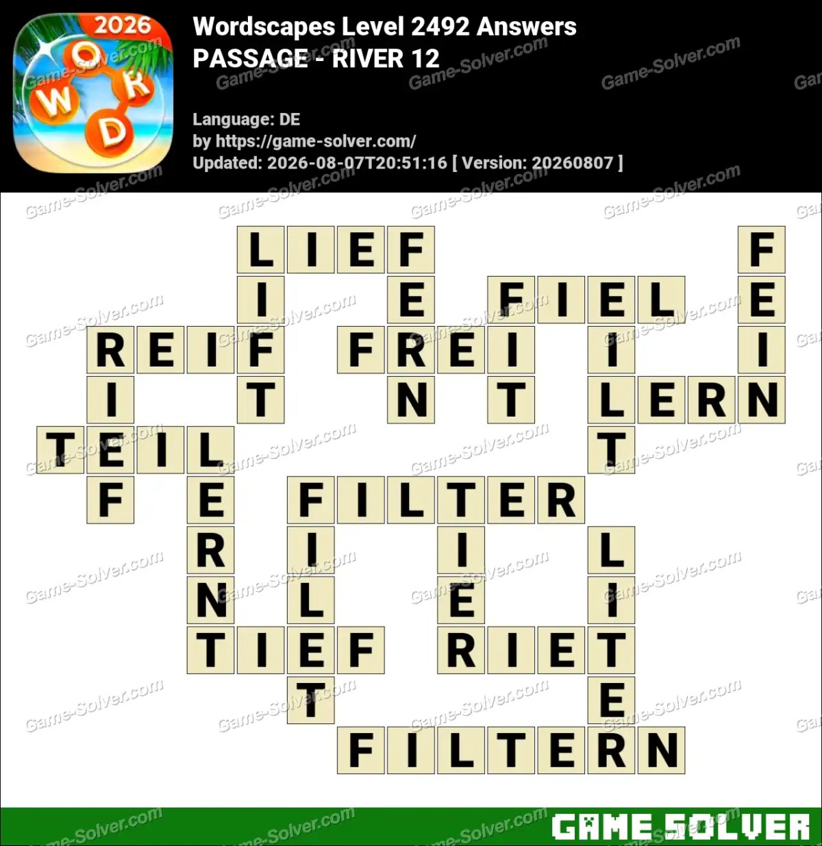 Wordscapes Deutsche Level 2492 Answers — PASSAGE - RIVER 12