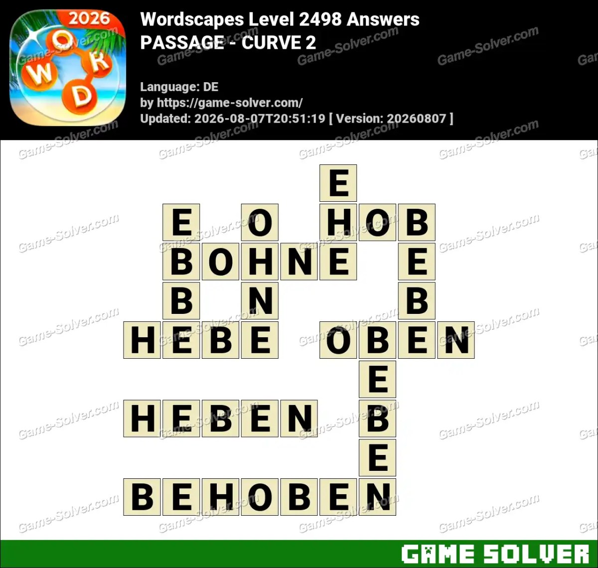 Wordscapes Deutsche Level 2498 Answers — PASSAGE - CURVE 2