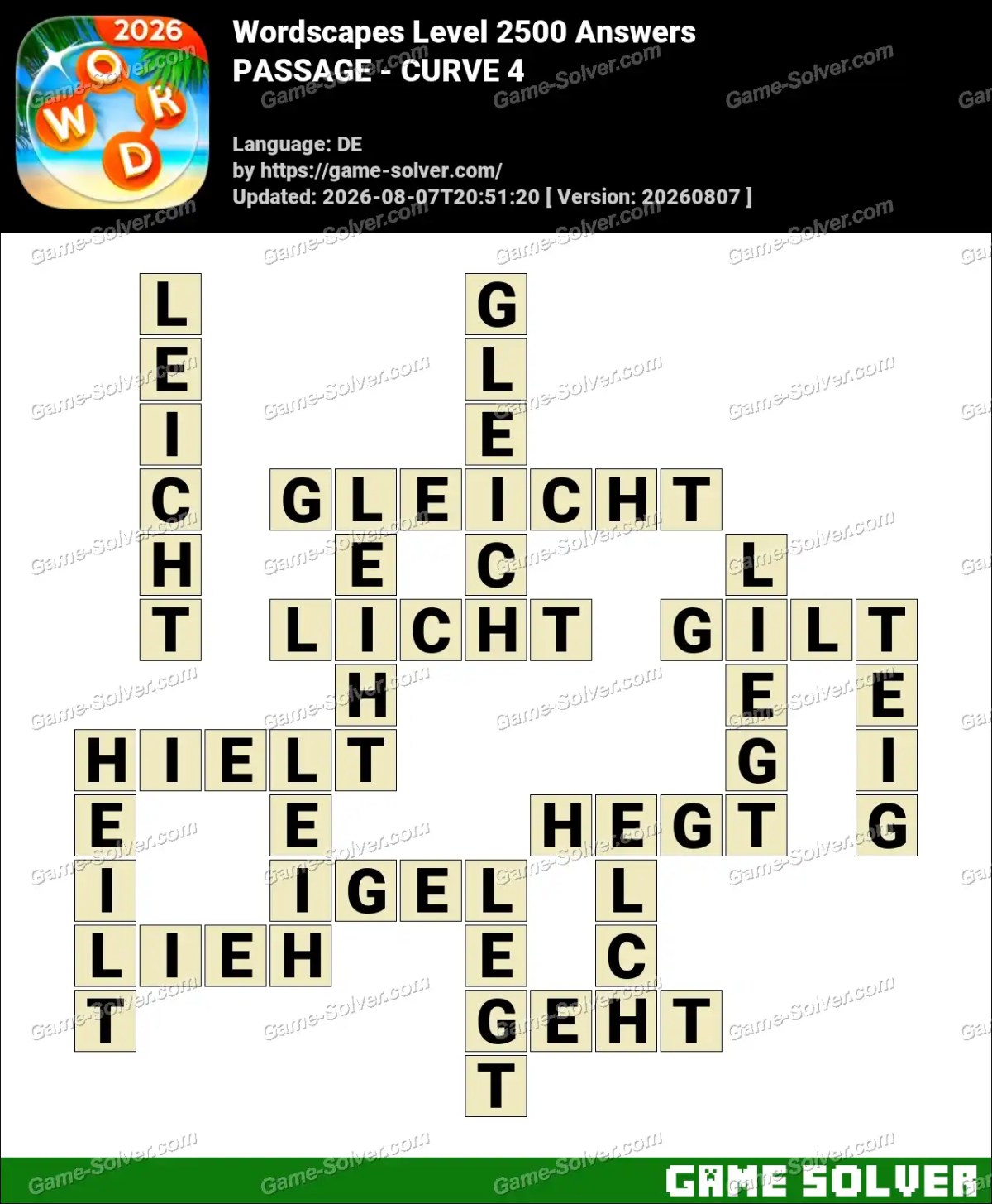 Wordscapes Deutsche Level 2500 Answers — PASSAGE - CURVE 4