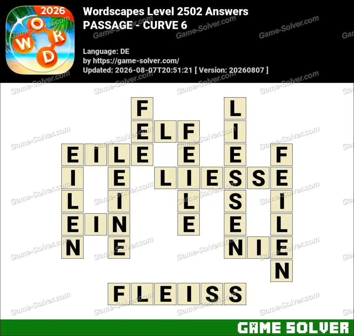 Wordscapes Deutsche Level 2502 Answers — PASSAGE - CURVE 6