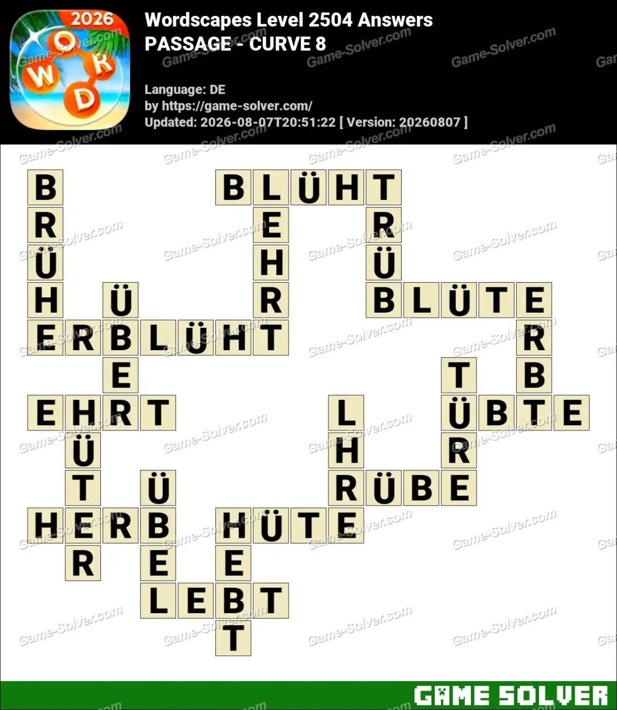 Wordscapes Deutsche Level 2504 Answers — PASSAGE - CURVE 8