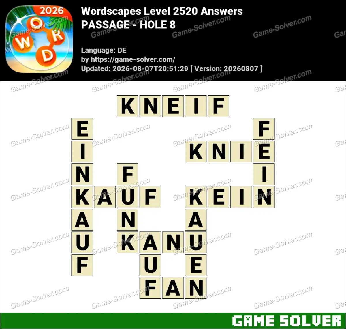 Wordscapes Deutsche Level 2520 Answers — PASSAGE - HOLE 8