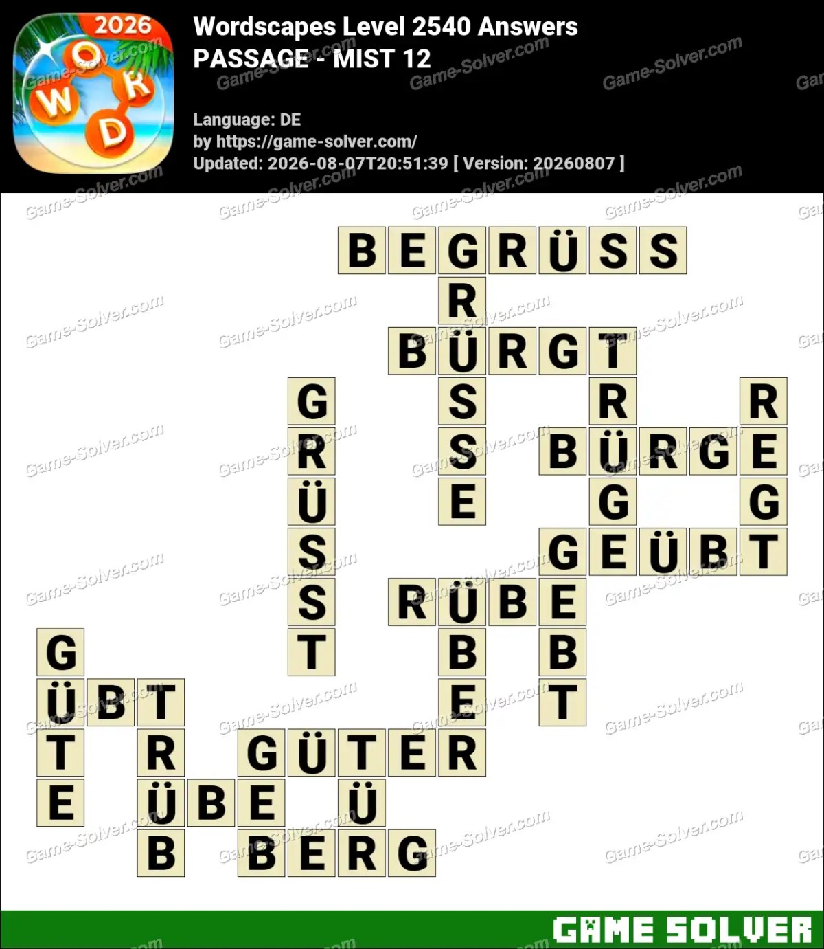 Wordscapes Deutsche Level 2540 Answers — PASSAGE - MIST 12