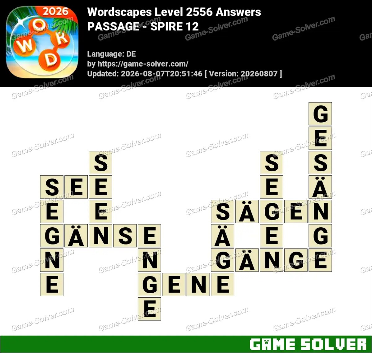 Wordscapes Deutsche Level 2556 Answers — PASSAGE - SPIRE 12