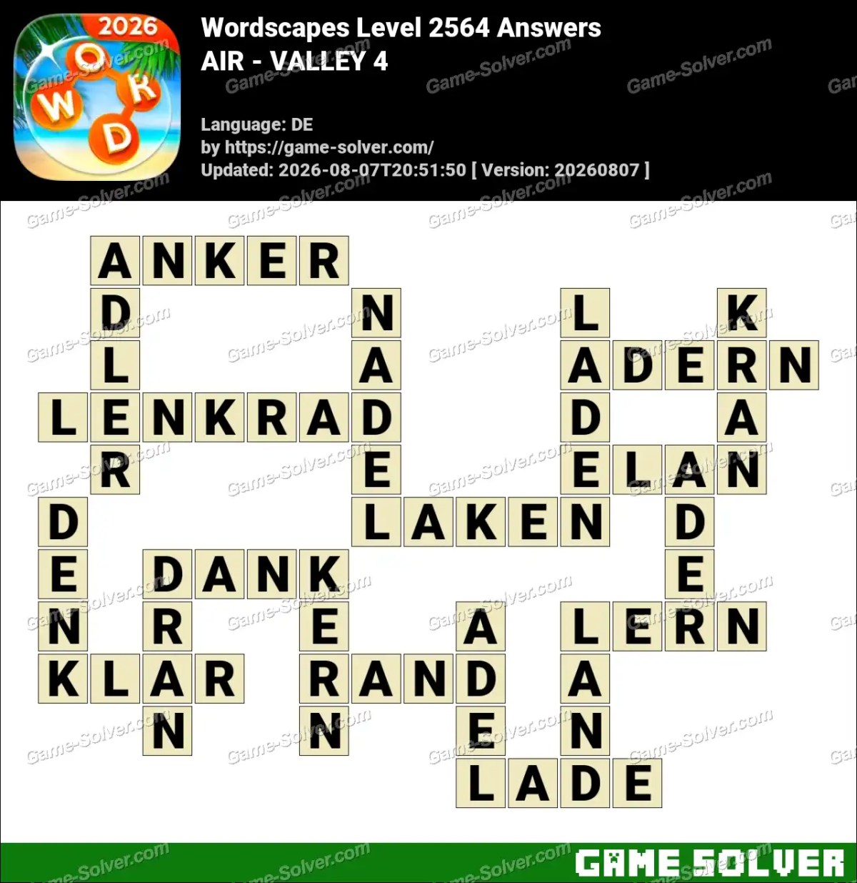 Wordscapes Deutsche Level 2564 Answers — AIR - VALLEY 4