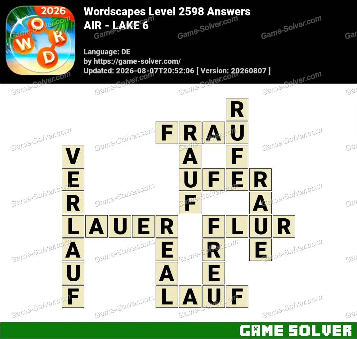 Wordscapes Deutsche Level 2598 Answers — AIR - LAKE 6