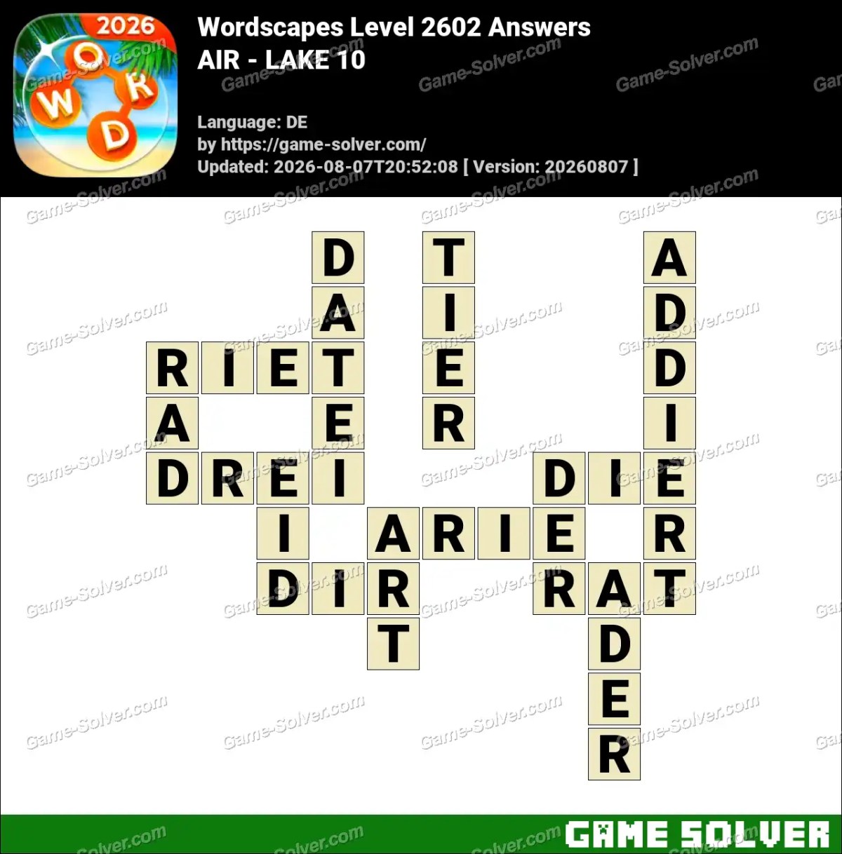 Wordscapes Deutsche Level 2602 Answers — AIR - LAKE 10