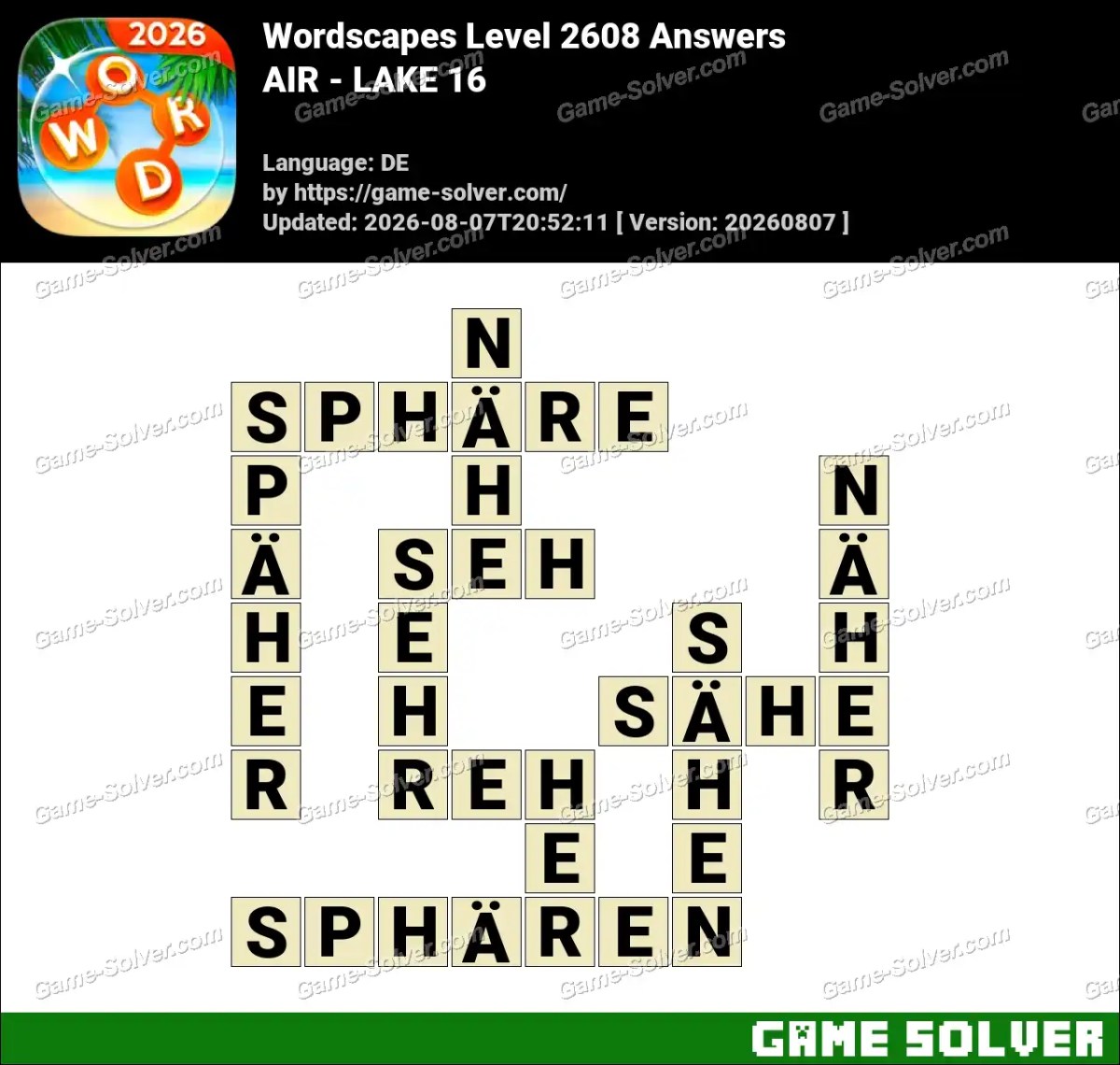Wordscapes Deutsche Level 2608 Answers — AIR - LAKE 16