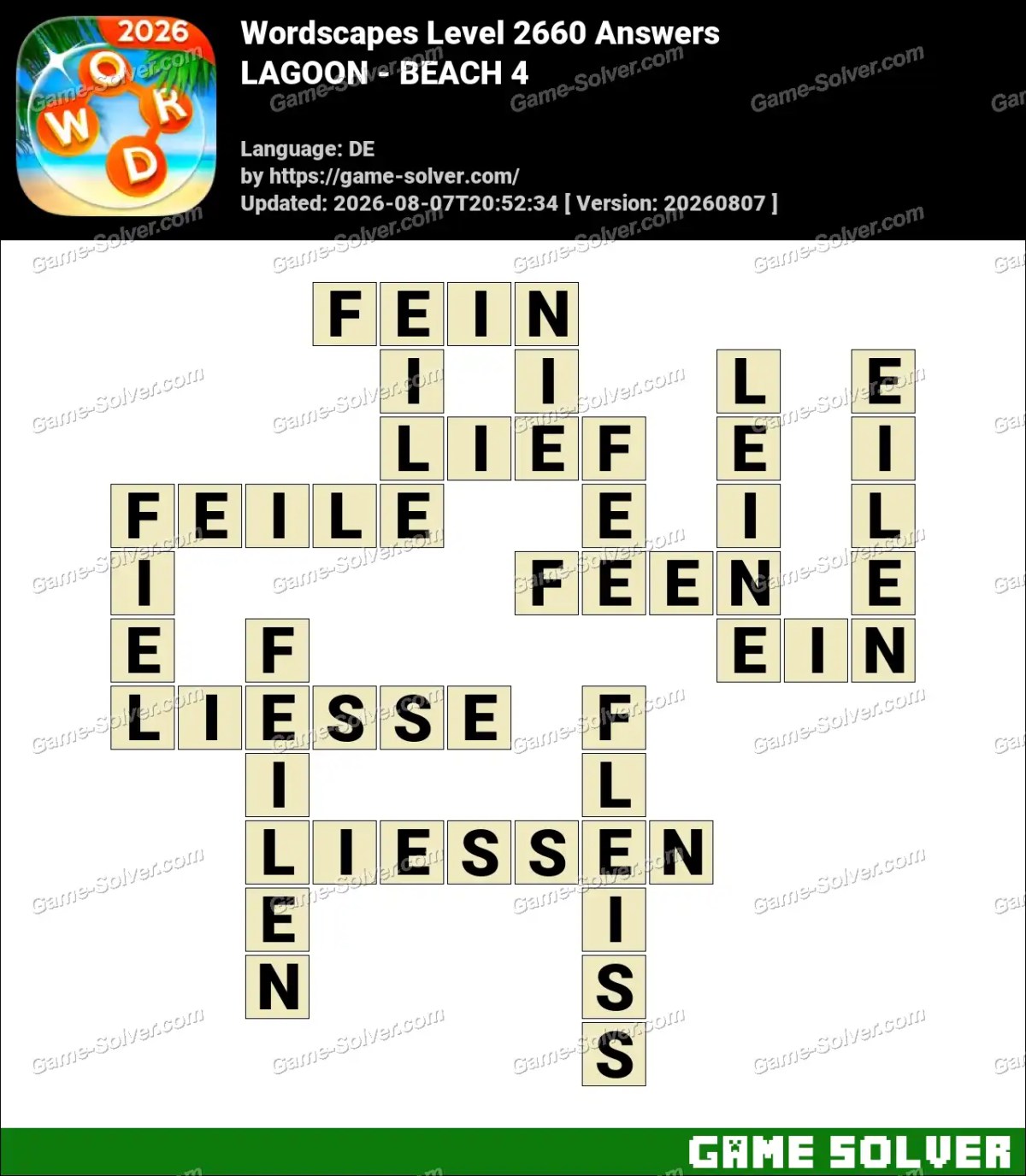Wordscapes Deutsche Level 2660 Answers — LAGOON - BEACH 4