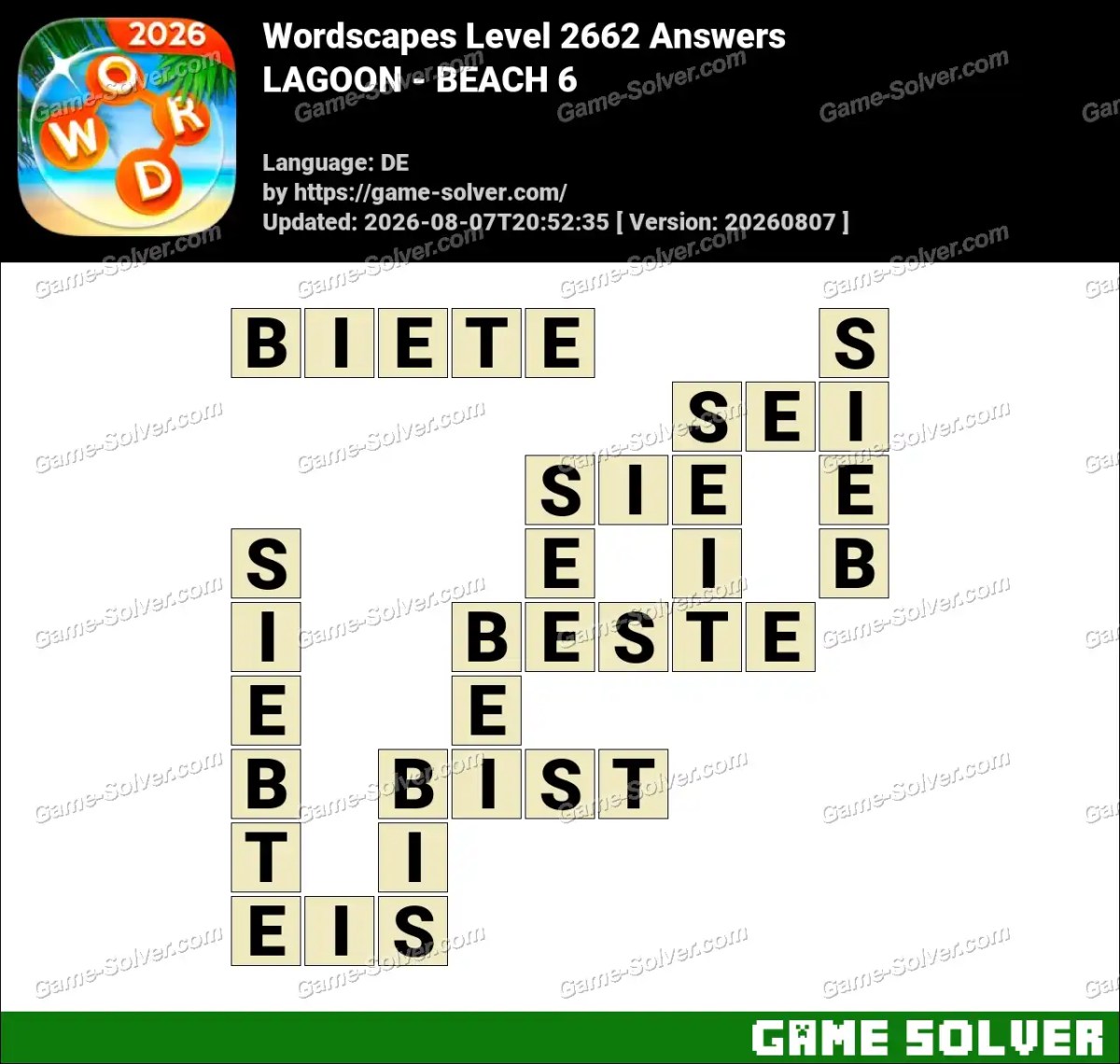 Wordscapes Deutsche Level 2662 Answers — LAGOON - BEACH 6