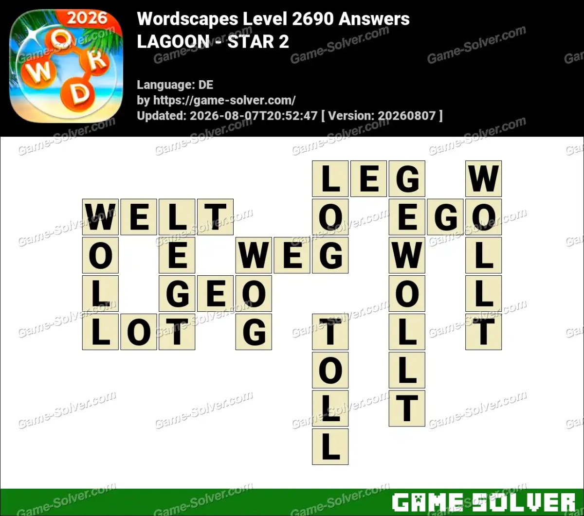 Wordscapes Deutsche Level 2690 Answers — LAGOON - STAR 2