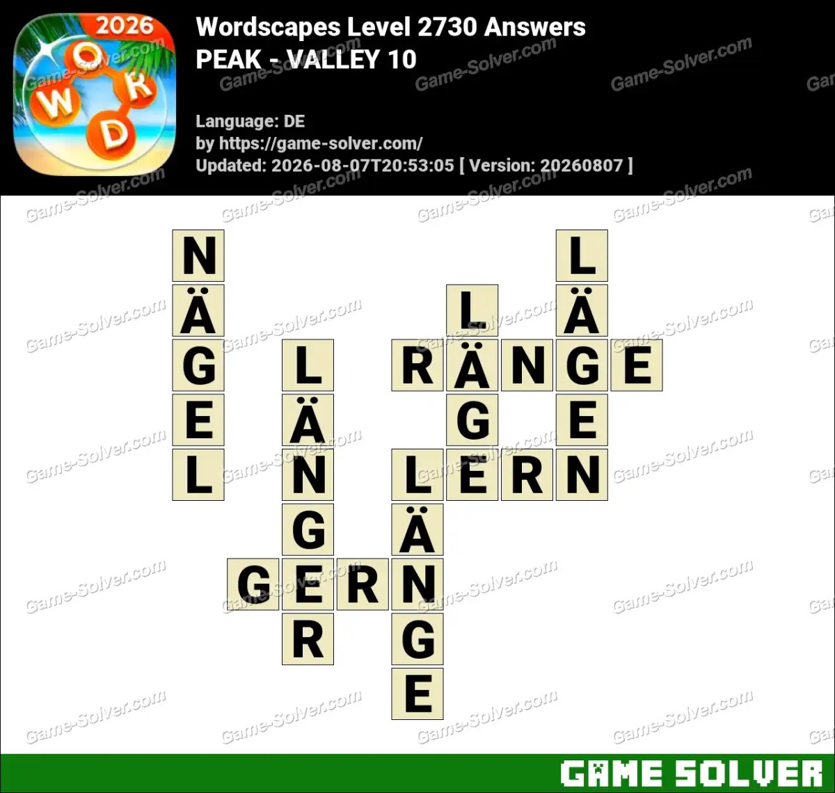 Wordscapes Deutsche Level 2730 Answers — PEAK - VALLEY 10