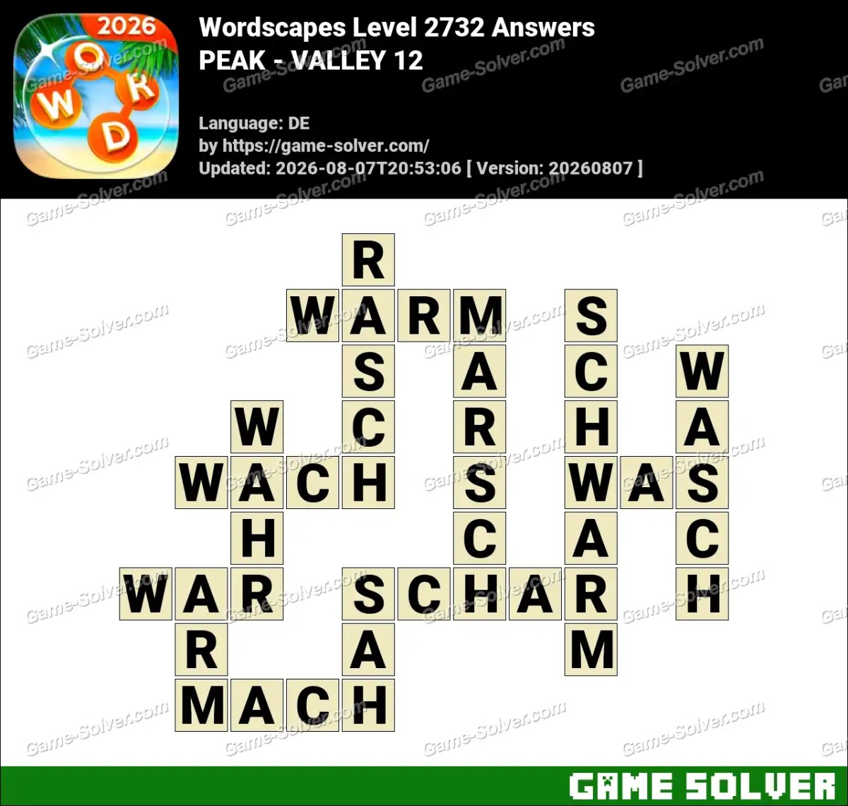 Wordscapes Deutsche Level 2732 Answers — PEAK - VALLEY 12