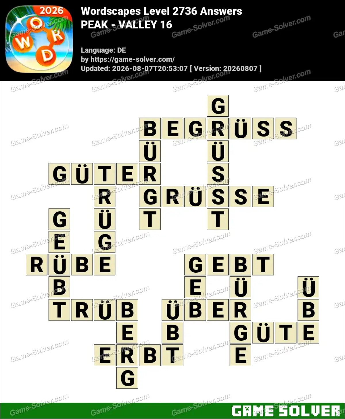 Wordscapes Deutsche Level 2736 Answers — PEAK - VALLEY 16 Wordscapes Deutsche Level 2736 Answers — PEAK - VALLEY 16