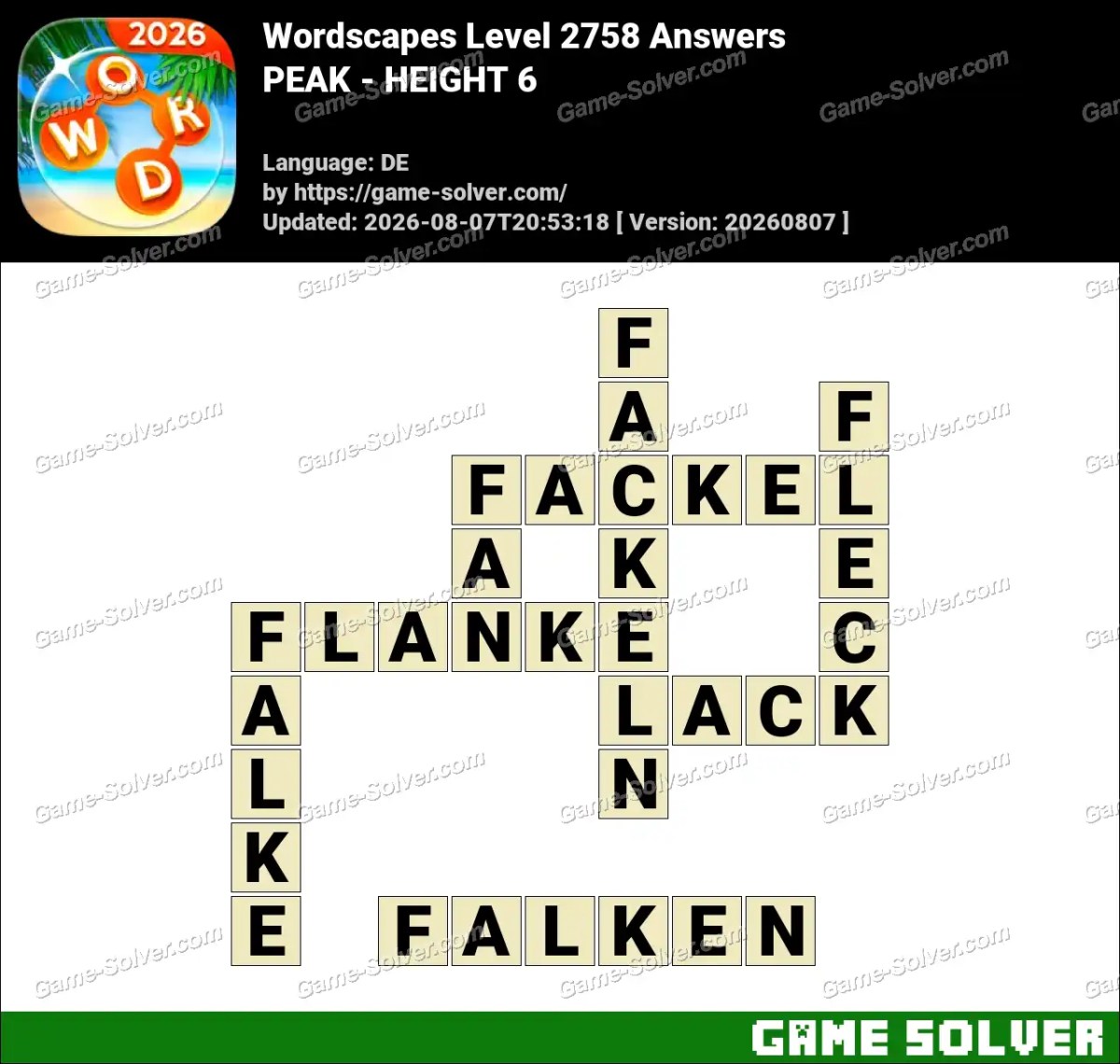 Wordscapes Deutsche Level 2758 Answers — PEAK - HEIGHT 6