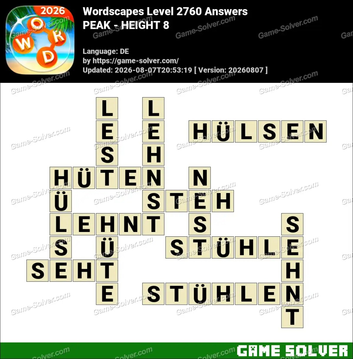 Wordscapes Deutsche Level 2760 Answers — PEAK - HEIGHT 8