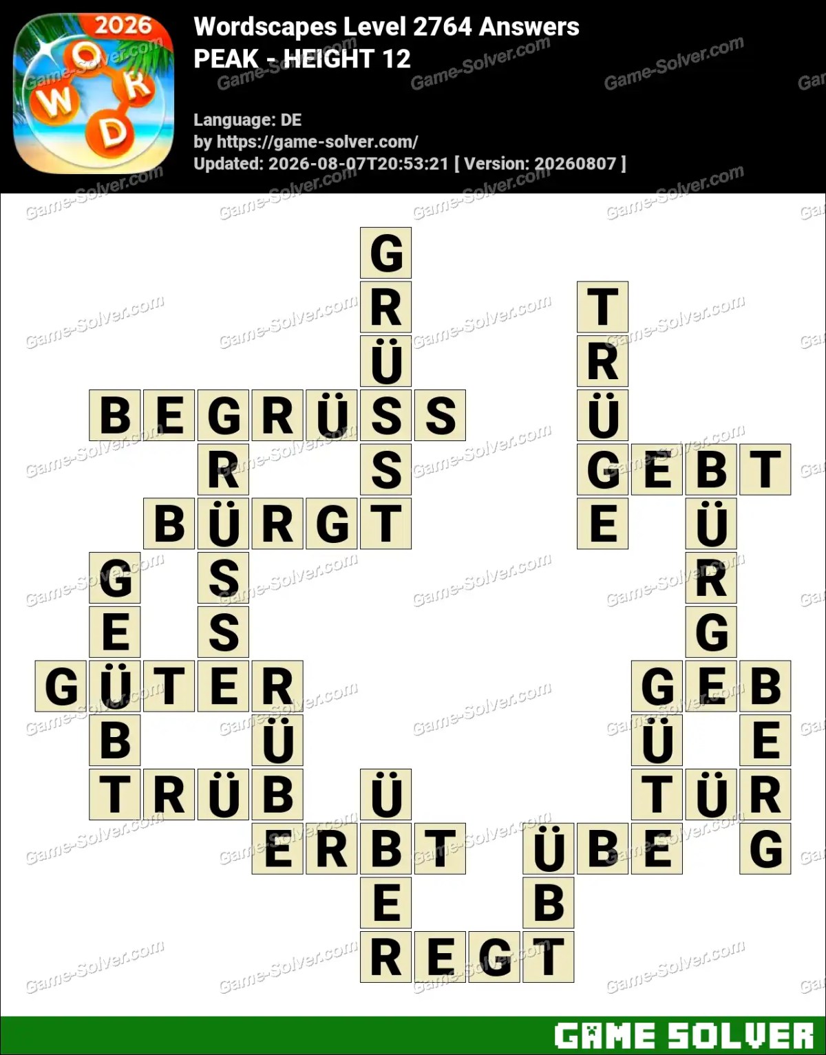 Wordscapes Deutsche Level 2764 Answers — PEAK - HEIGHT 12