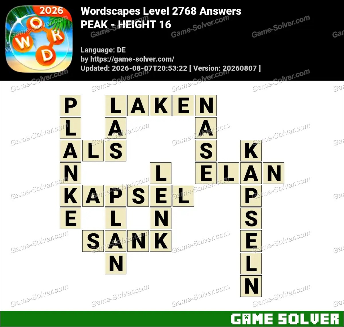 Wordscapes Deutsche Level 2768 Answers — PEAK - HEIGHT 16
