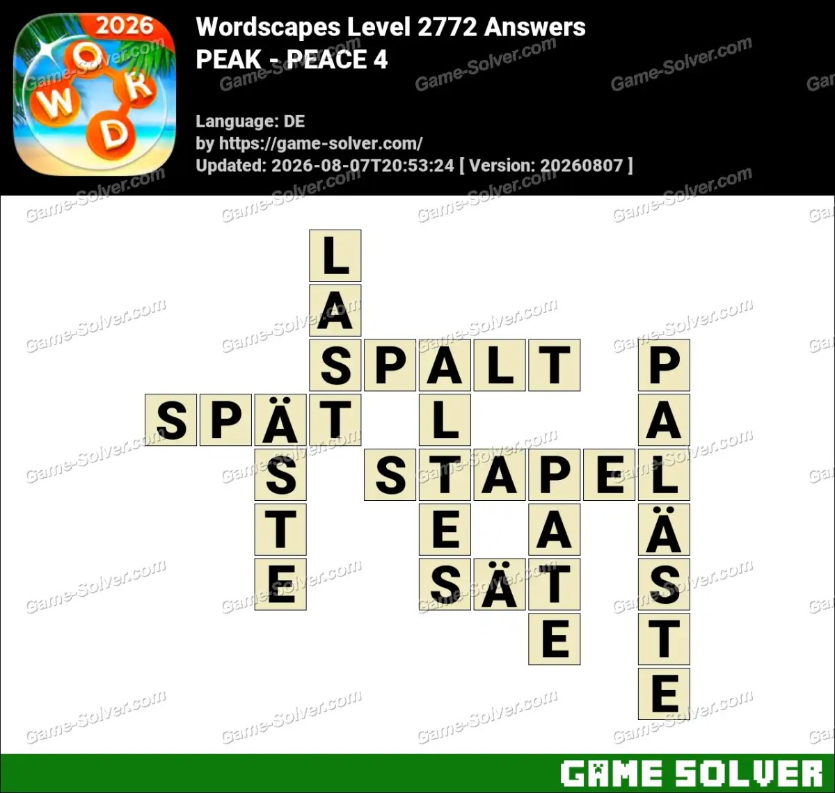 Wordscapes Deutsche Level 2772 Answers — PEAK - PEACE 4