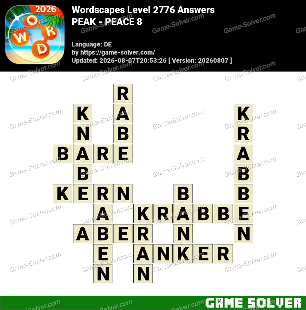 Wordscapes Deutsche Level 2776 Answers — PEAK - PEACE 8