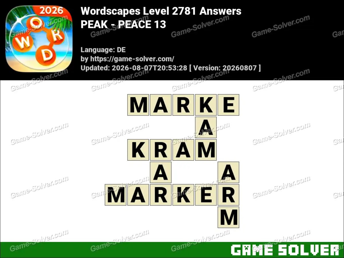 Wordscapes Deutsche Level 2781 Answers — PEAK - PEACE 13