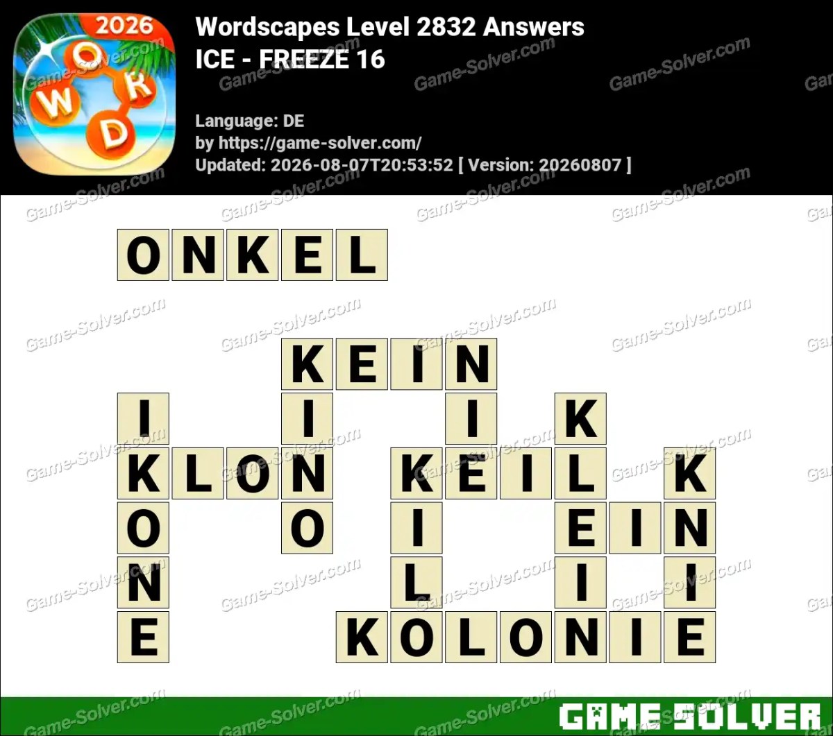 Wordscapes Deutsche Level 2832 Answers — ICE - FREEZE 16
