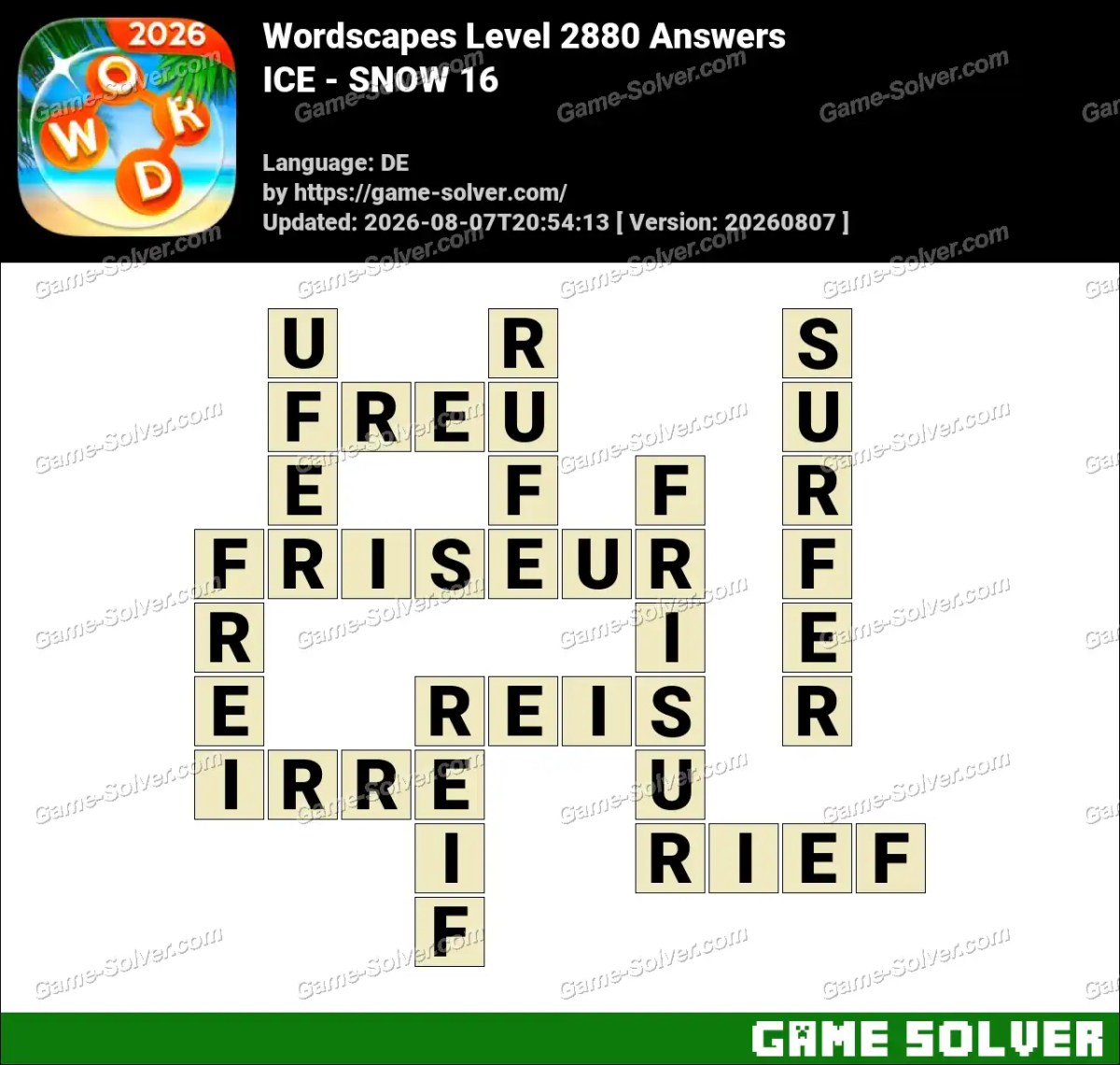 Wordscapes Deutsche Level 2880 Answers — ICE - SNOW 16