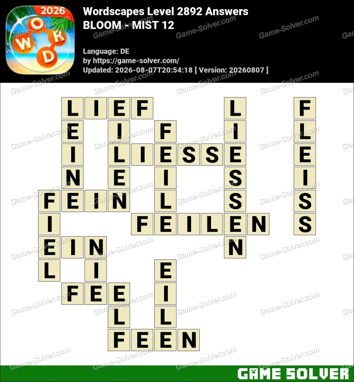 Wordscapes Deutsche Level 2892 Answers — BLOOM - MIST 12