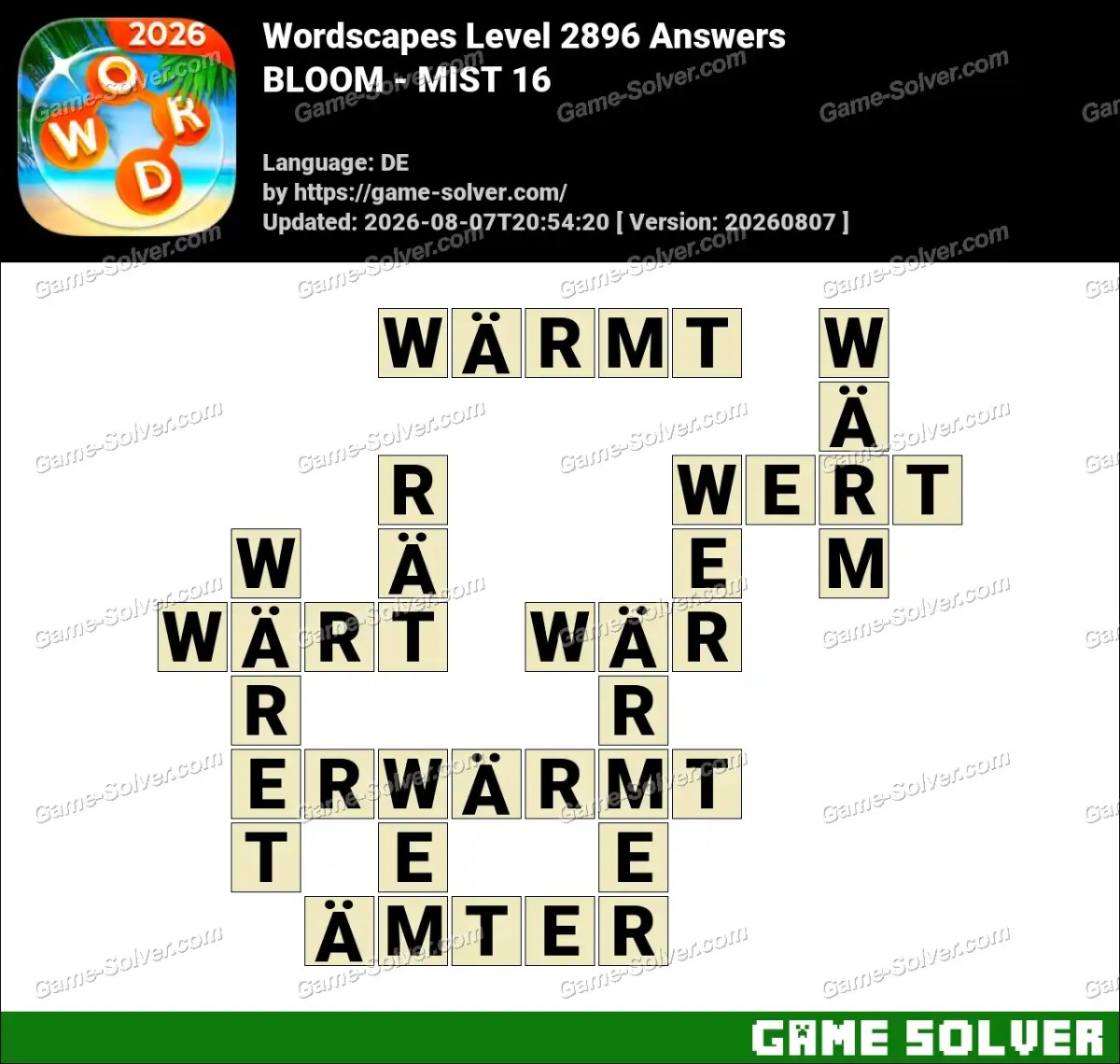 Wordscapes Deutsche Level 2896 Answers — BLOOM - MIST 16