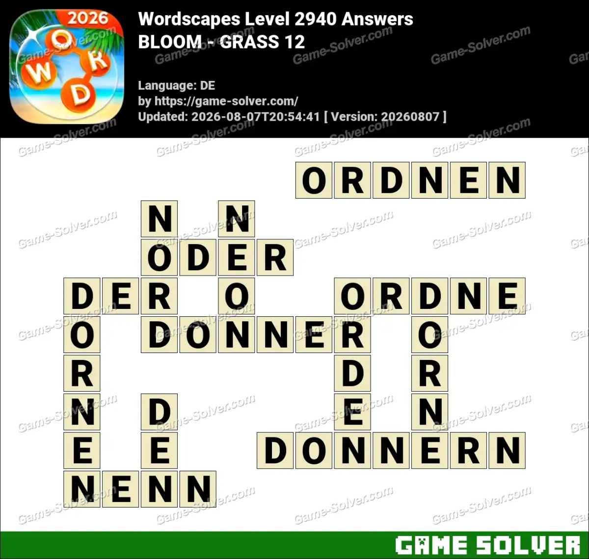 Wordscapes Deutsche Level 2940 Answers — BLOOM - GRASS 12