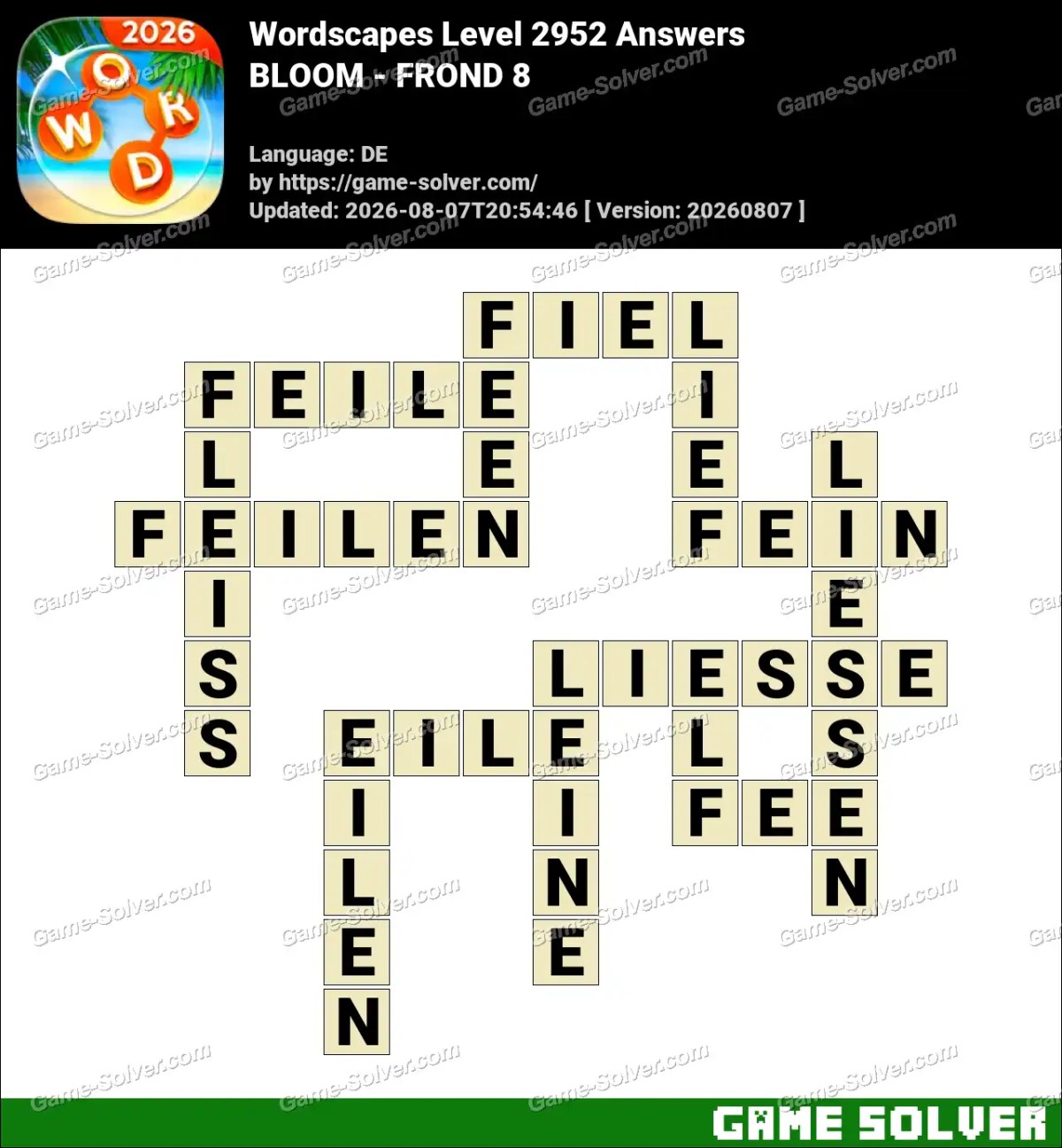 Wordscapes Deutsche Level 2952 Answers — BLOOM - FROND 8