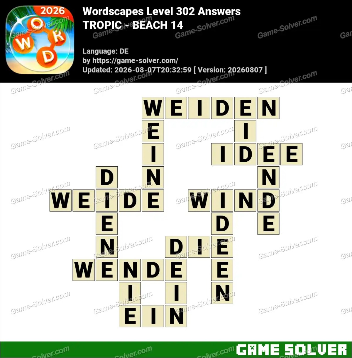 Wordscapes Deutsche Level 302 Answers — TROPIC - BEACH 14