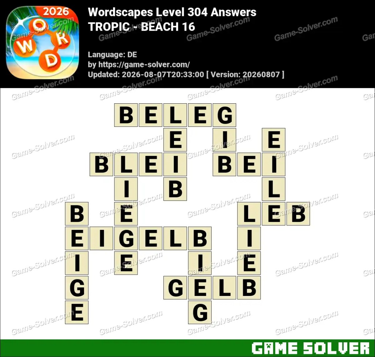 Wordscapes Deutsche Level 304 Answers — TROPIC - BEACH 16