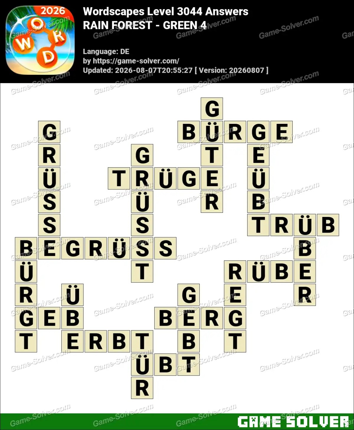 Wordscapes Deutsche Level 3044 Answers — RAIN FOREST - GREEN 4 Wordscapes Deutsche Level 3044 Answers — RAIN FOREST - GREEN 4