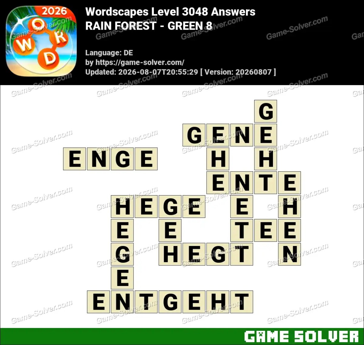 Wordscapes Deutsche Level 3048 Answers — RAIN FOREST - GREEN 8