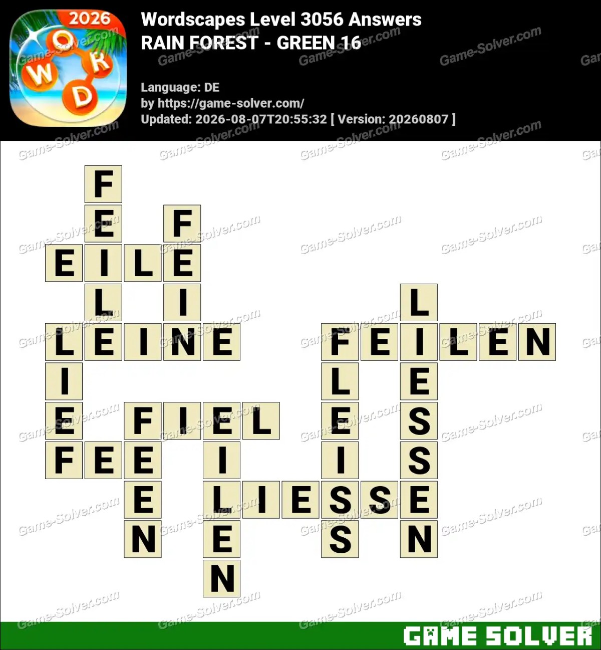Wordscapes Deutsche Level 3056 Answers — RAIN FOREST - GREEN 16
