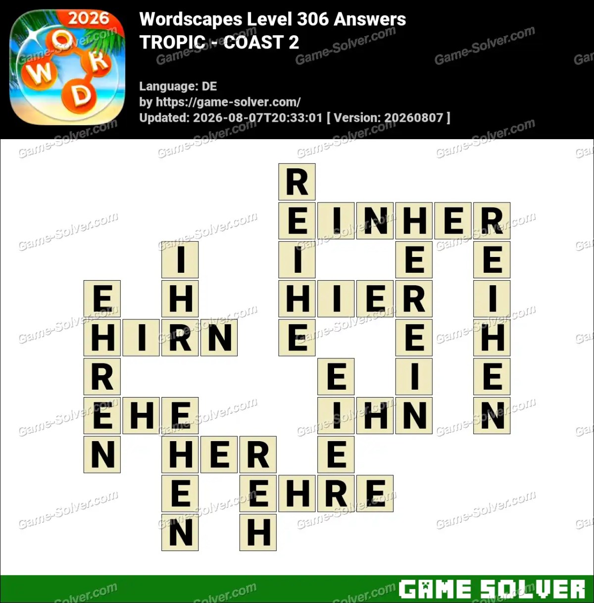 Wordscapes Deutsche Level 306 Answers — TROPIC - COAST 2