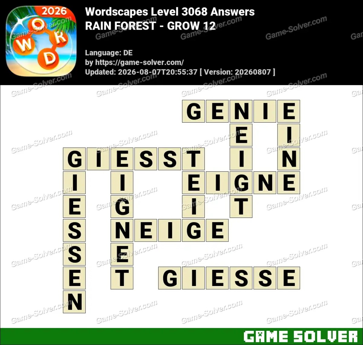 Wordscapes Deutsche Level 3068 Answers — RAIN FOREST - GROW 12