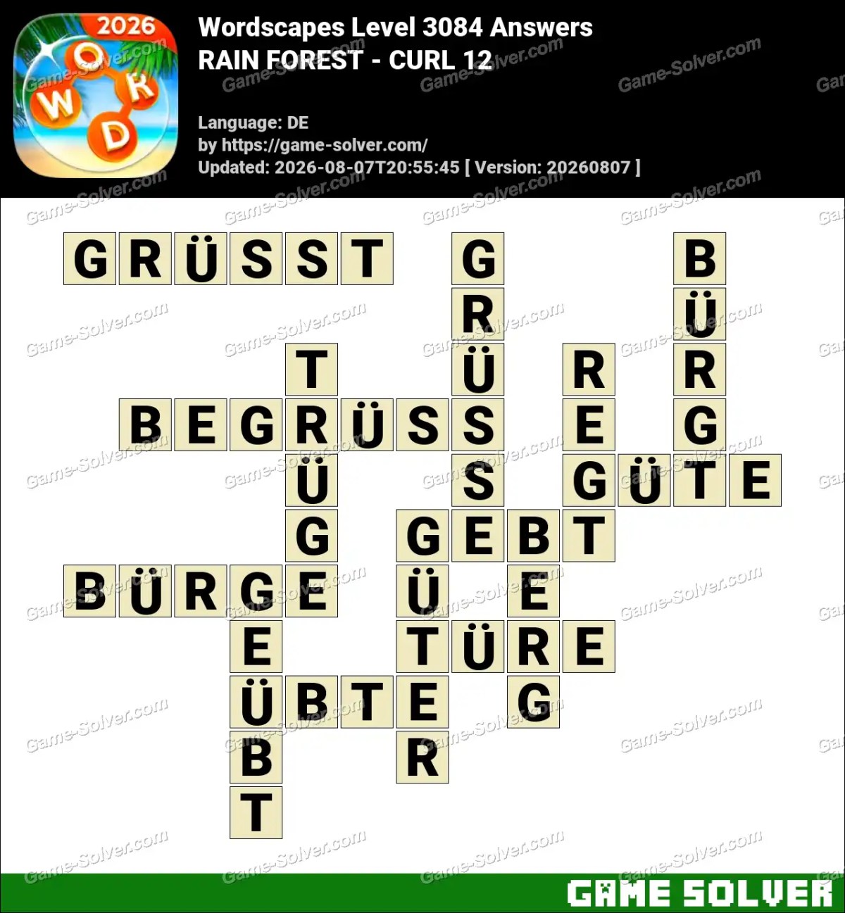 Wordscapes Deutsche Level 3084 Answers — RAIN FOREST - CURL 12