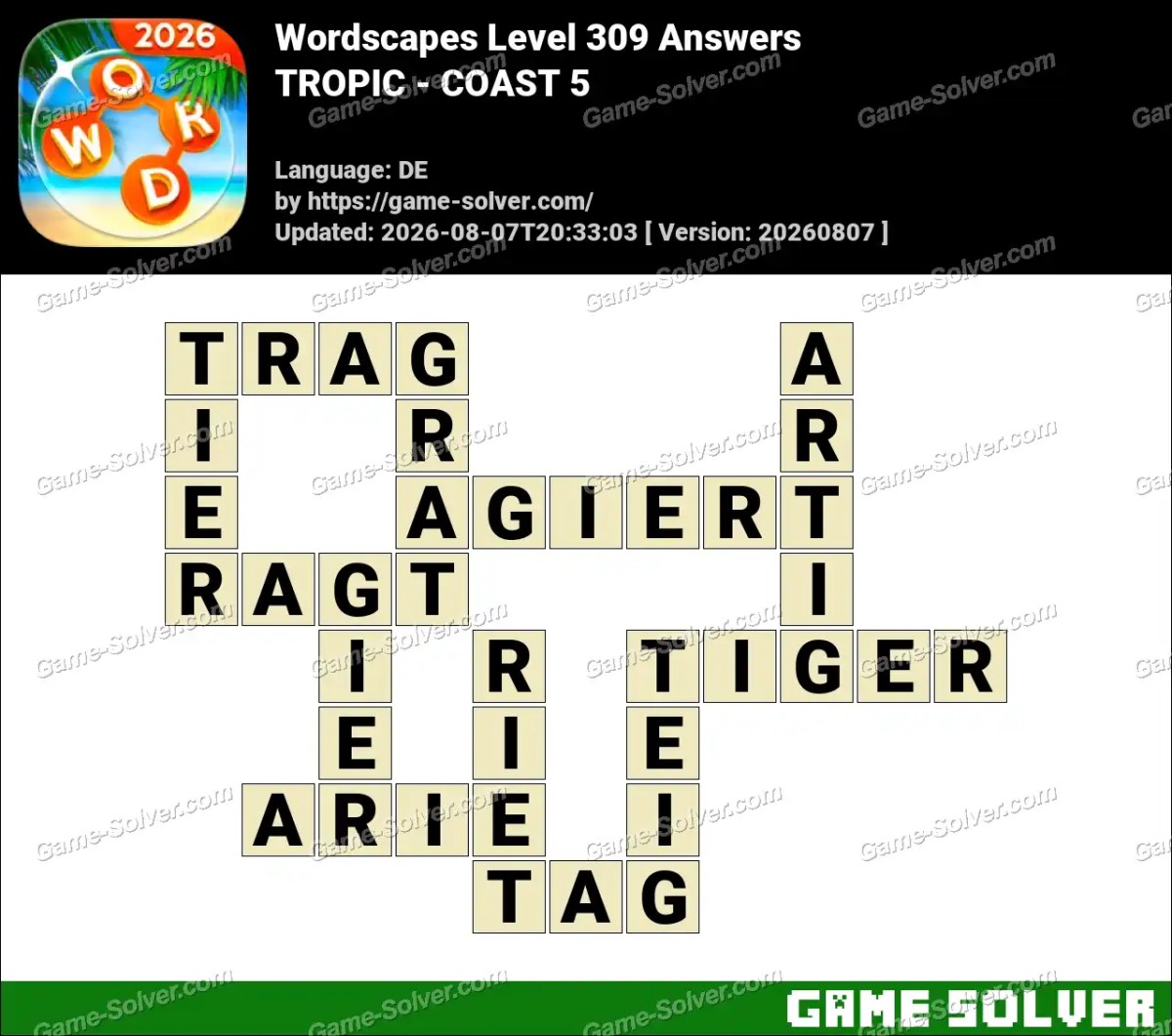 Wordscapes Deutsche Level 309 Answers — TROPIC - COAST 5