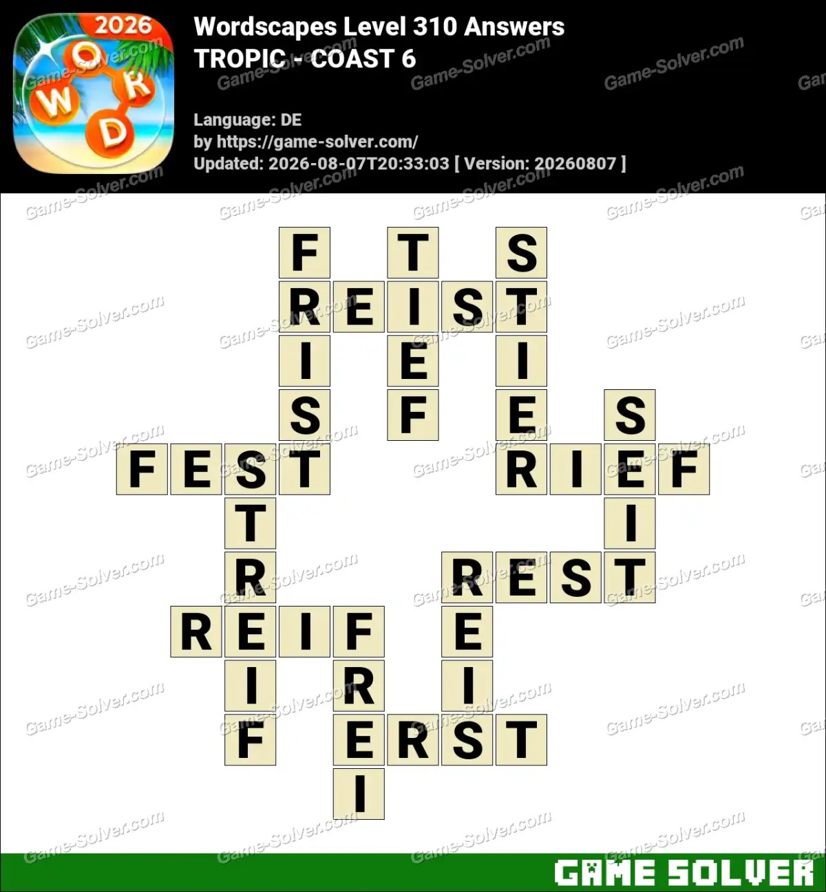 Wordscapes Deutsche Level 310 Answers — TROPIC - COAST 6