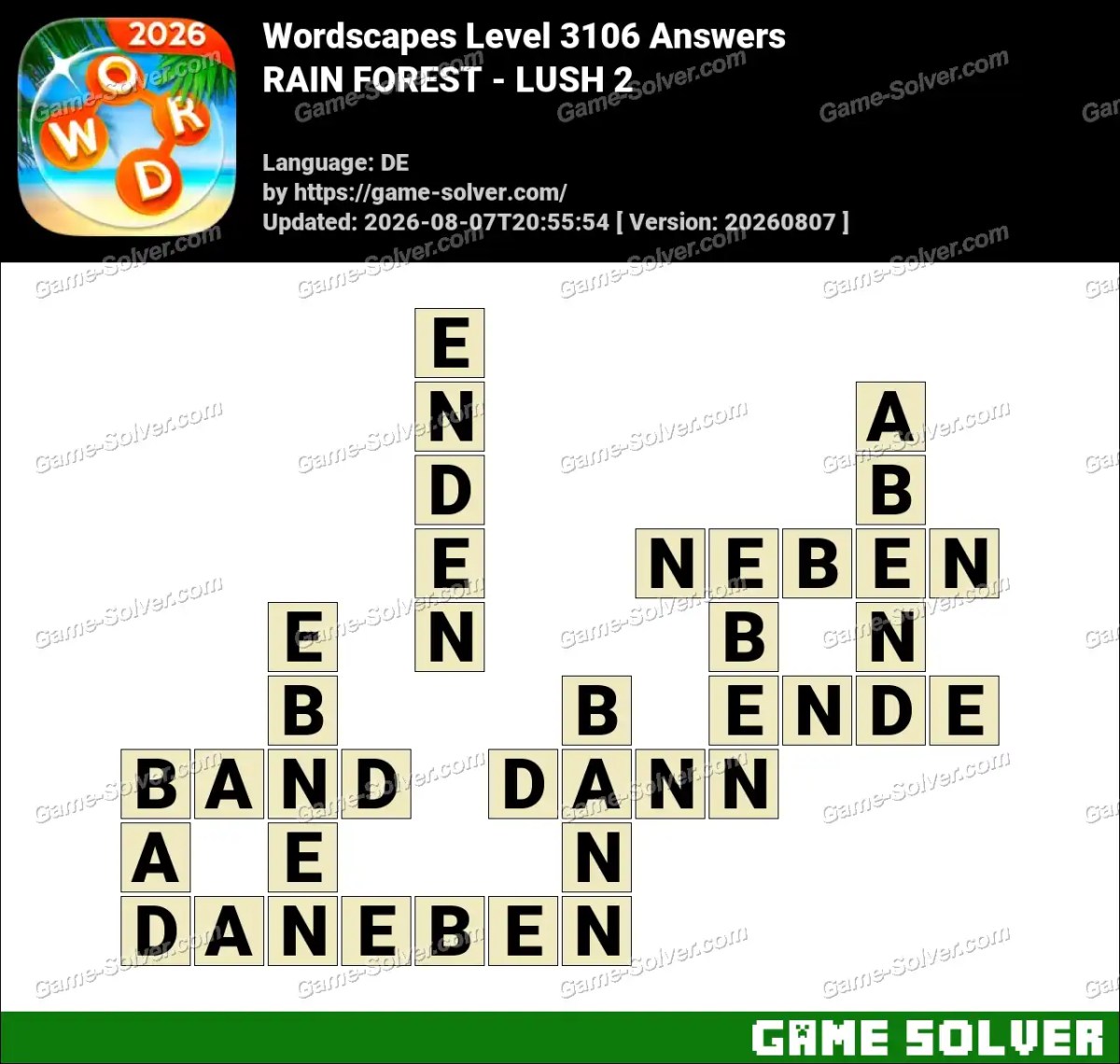 Wordscapes Deutsche Level 3106 Answers — RAIN FOREST - LUSH 2