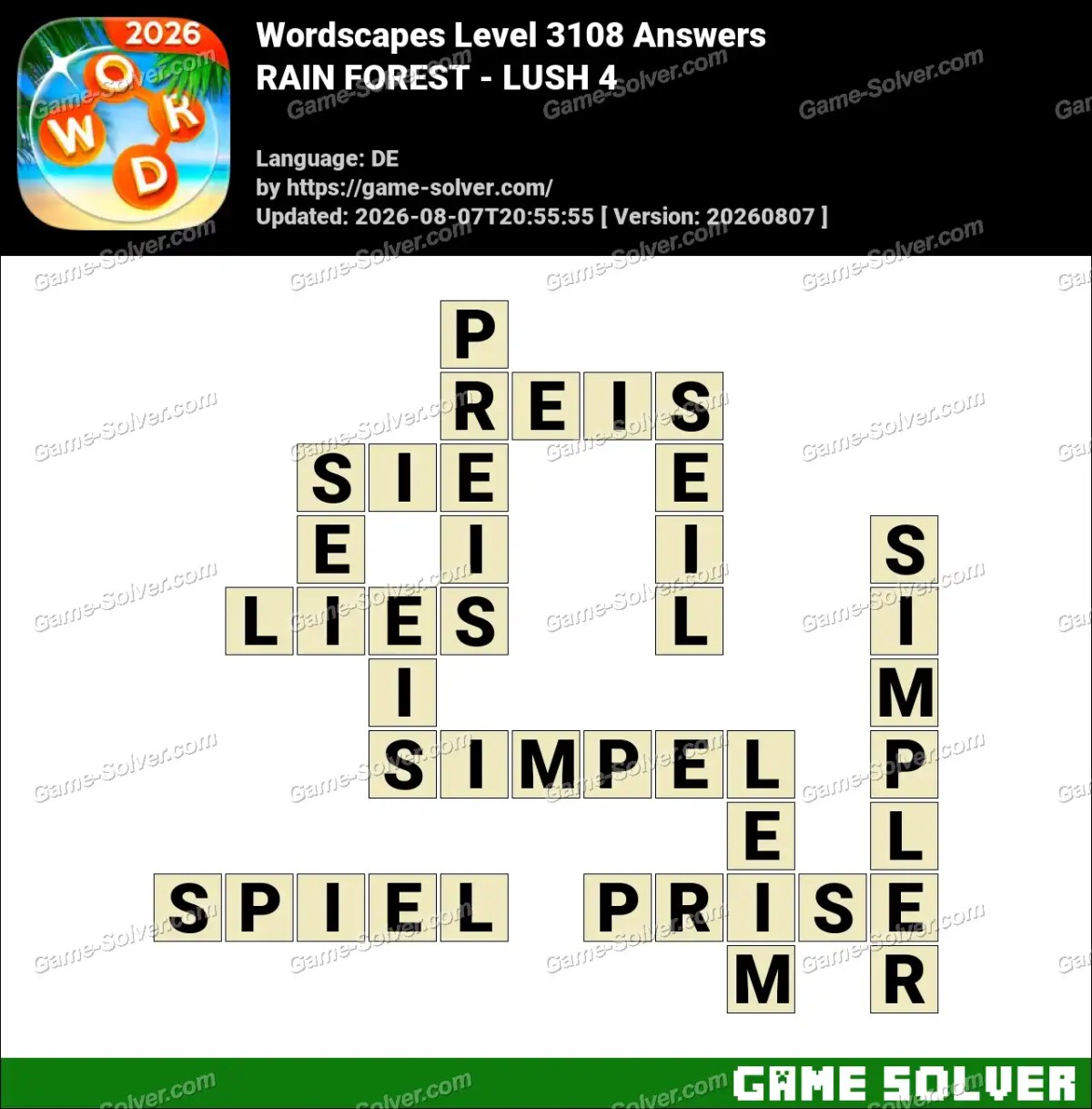 Wordscapes Deutsche Level 3108 Answers — RAIN FOREST - LUSH 4