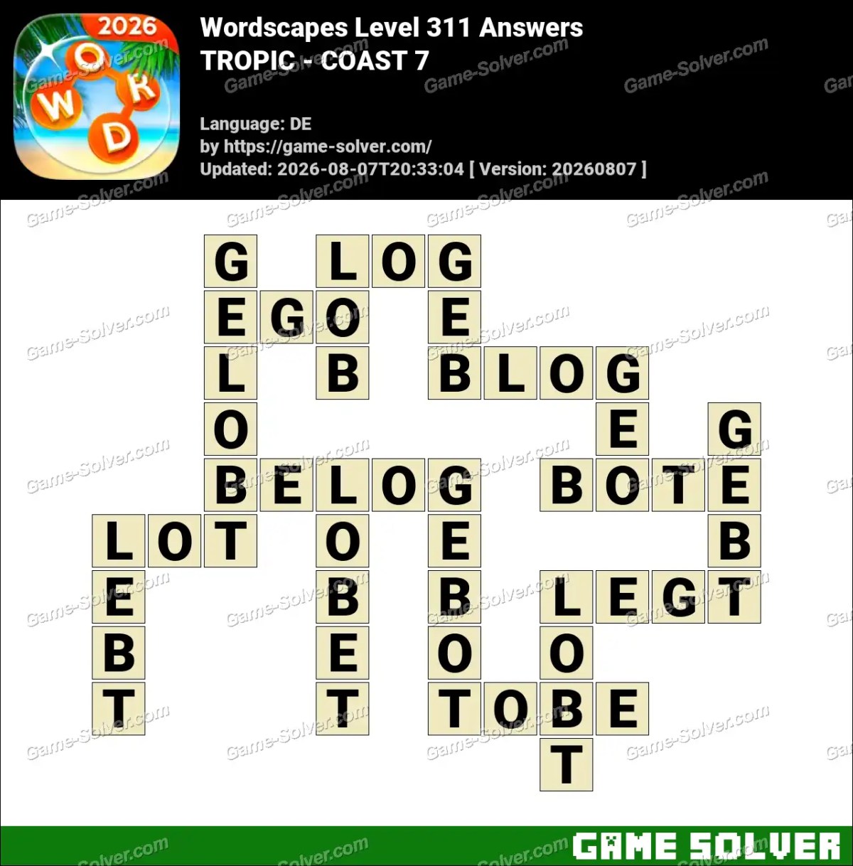Wordscapes Deutsche Level 311 Answers — TROPIC - COAST 7