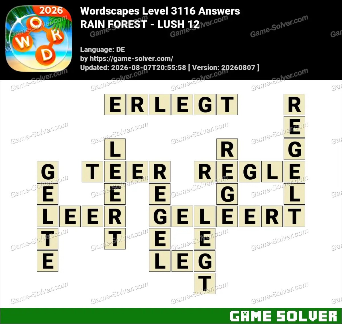 Wordscapes Deutsche Level 3116 Answers — RAIN FOREST - LUSH 12