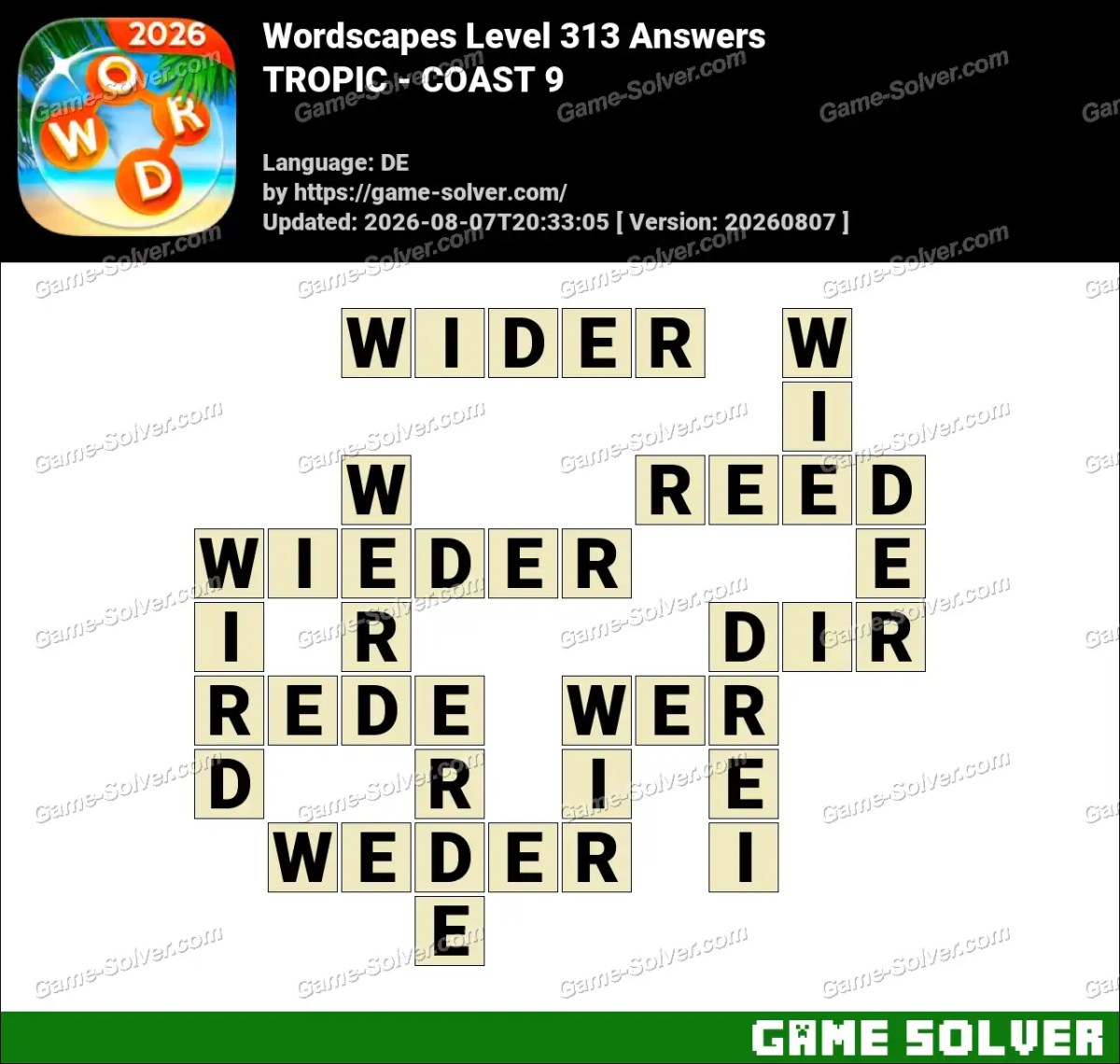 Wordscapes Deutsche Level 313 Answers — TROPIC - COAST 9