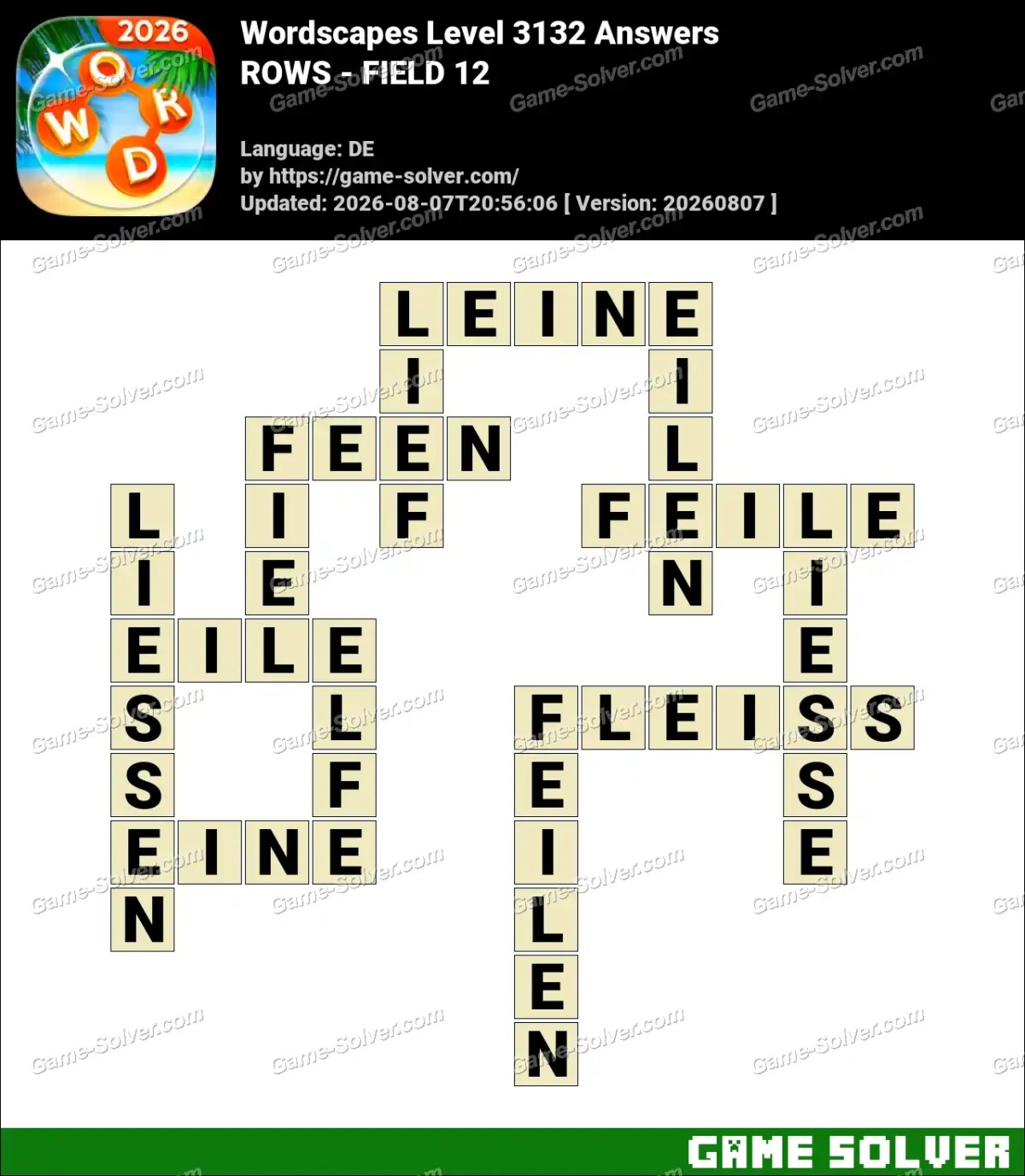 Wordscapes Deutsche Level 3132 Answers — ROWS - FIELD 12