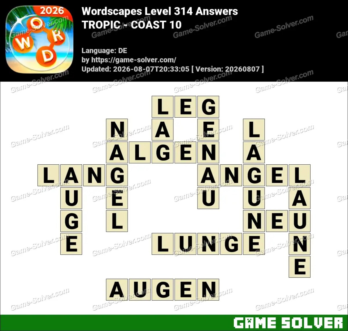 Wordscapes Deutsche Level 314 Answers — TROPIC - COAST 10